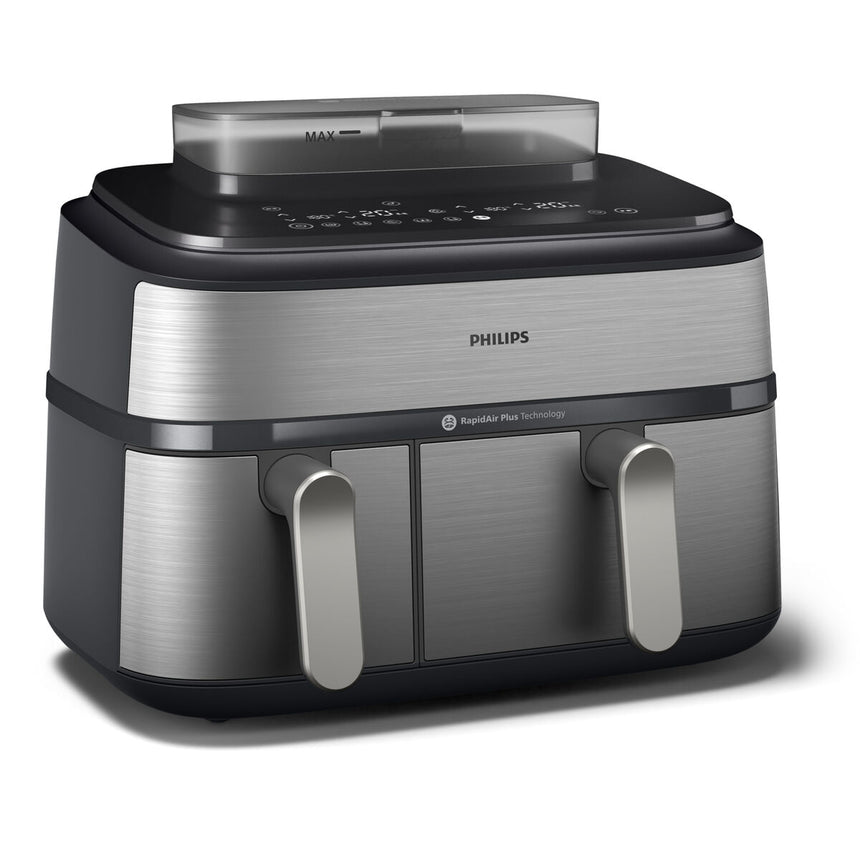 Friteuza cu Aer Cald Philips Airfryer 5000 Series Dual Basket Steam NA555/00, 9 L, RapidAir Plus + Air Steam, 2750 W, 12 Presetari, Argintiu