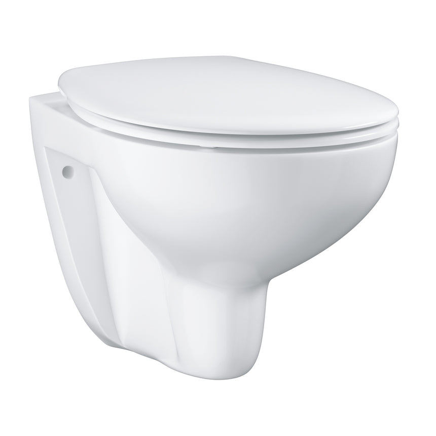 Set Vas WC Grohe Bau 39351000, include capac SoftClose, montare suspendata, Rimless, evacuare orizontala, clatire prin jet apa, Alb