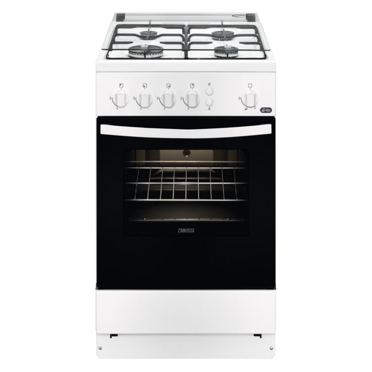 Aragaz Zanussi ZCG510U1WA, Gaz, 4 arzatoare, Aprindere electrica plita si cuptor, 50 cm, Alb