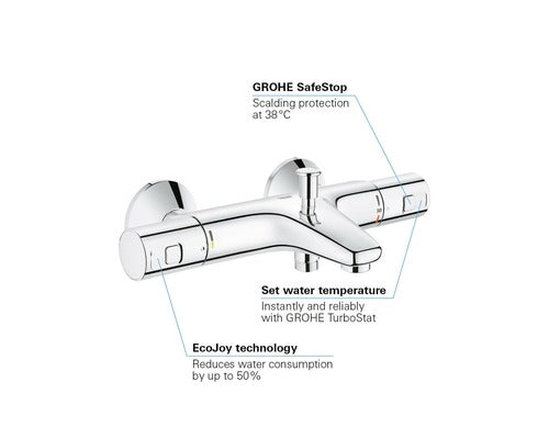 Baterie cada cu termostat Grohe Precision Start, 1/2'', diverter, protectie reflux, filtru impuritati, garnitura ceramica, crom
