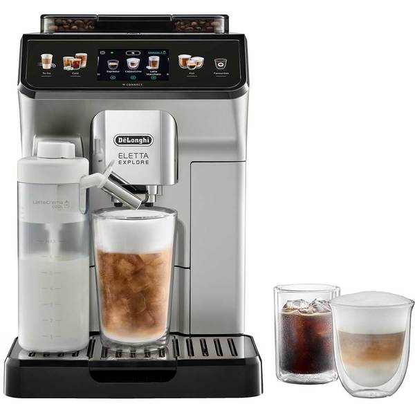 Espressor automat De'Longhi Eletta Explore ECAM 450.65.S, 1450W, 50+ tipuri de bauturi, 19 bari, 2 carafe cu tehnologie LatteCrema (Hot & Cool), tehnologie de extractie la rece, Rasnita cu tehnologie Bean Adapt, Coffee Link App, Argintiu