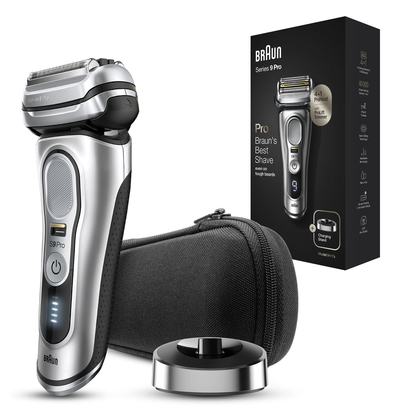 Aparat de ras electric Braun Series 9 Pro 9417s Wet&Dry, 40.000 de actiuni de taiere, 5 elemente de taiere, Prolift Trimmer, SensoFlex, AutoSense, Suport de incarcare, Trusa de voiaj, Argintiu