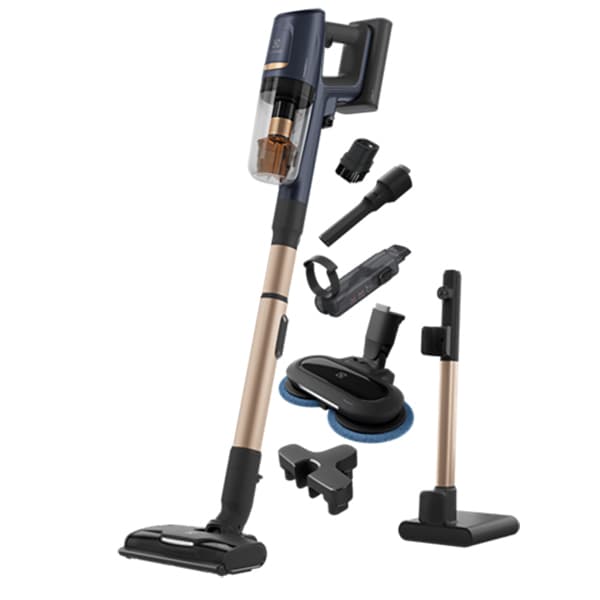 Aspirator vertical Electrolux Ultimate 800 EP81B25WET, autonomie max 60 min, 25.2 V, 150 AW, ecran LCD, 3 viteze, tub inox telescopic, perie cu LED pentru mopping + rezervor apa, albastru indigo