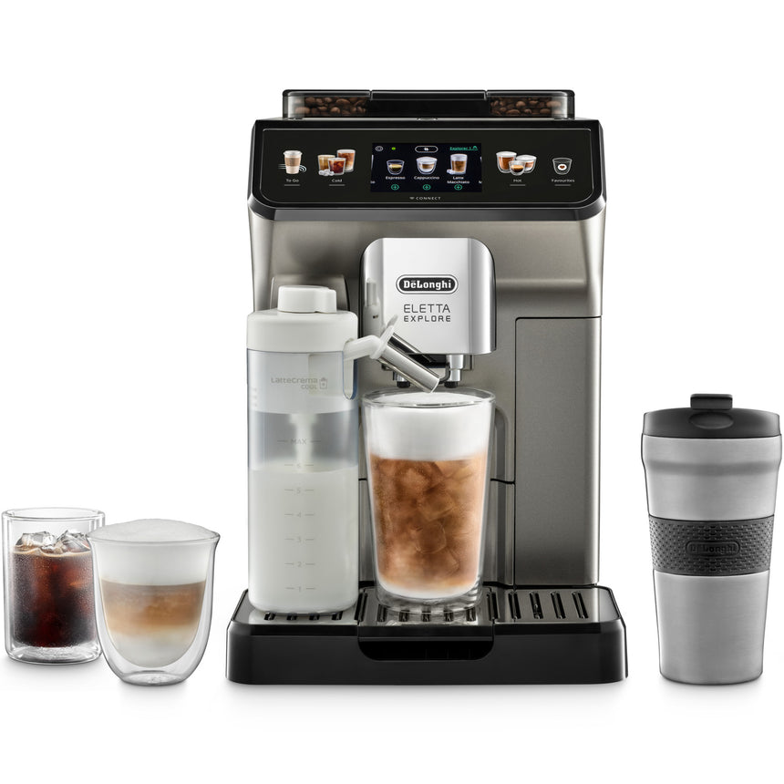 Espressor automat De'Longhi Eletta Explore ECAM 450.86.T, 1450W, 50+ tipuri de bauturi, 19 bari, 2 Carafe, Tehnologie LatteCrema (Hot & Cool), Tehnologie de extractie la rece, Rasnita Bean Adapt, Coffee Link App, Cana 473 ml, Negru argintiu