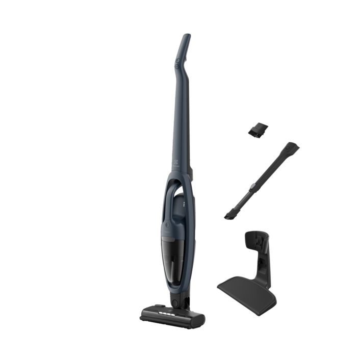 Aspirator vertical 2 in 1 ELECTROLUX Seria 500 ES52CB21DB, 21.6V, 2000 mAh, autonomie max 50 min, 2 trepte de putere, perie turbo electrica cu lumina LED, tub telescopic , duza pentru zone inguste, stand andocare, albastru denim