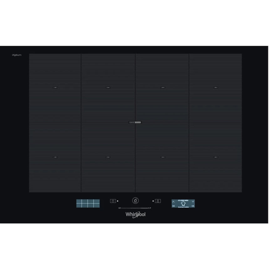 Plita incorporabila Whirlpool SMP 778 C/NE/IXL, Inductie, 8 zone de gatire, Ttehnologia Al 6-lea Simt, FlexiFull, 4 zone booster, Timer, Blocare acces copii, Power Management, Indicator incalzire reziduala, 75 cm, Negru