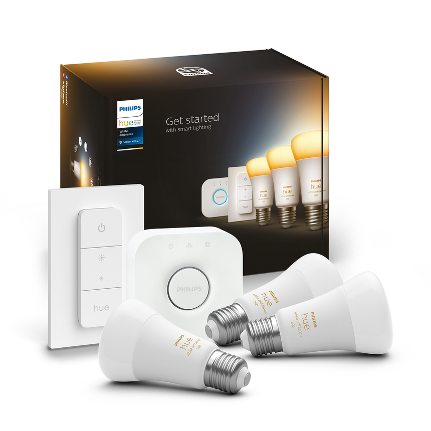 Pachet kit baza 3 becuri LED Philips Hue, Bluetooth, Zigbee, A60, E27, 8W (75W), 806 lm, lumina alba (2200-6500K) + Consola Hue Bridge + Intrerupator, clasa energetica F
