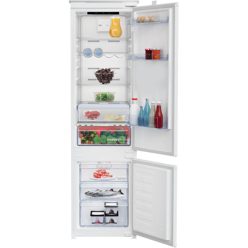 Combina frigorifica incorporabila Beko BCNA306E5SN, 284 l,NeoFrost Dual cooling, HarvestFresh, Everfresh+, Raft sticle, Compresor ProSmart Inverter, Display touch control, Dairy, Clasa D, H 194 cm, Alb