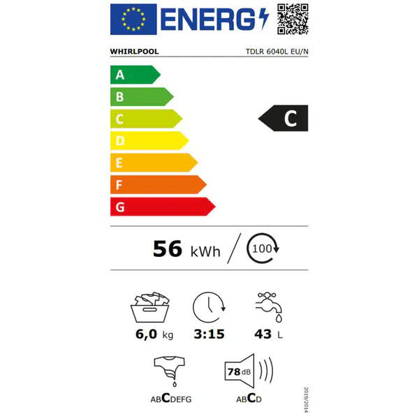 Masina de spalat rufe cu incarcare verticala Whirlpool TDLR 6040L EU/N, 6kg, 1000 rpm, Clasa C, Display LED, Tehnologia Al 6-lea Simt, Alb