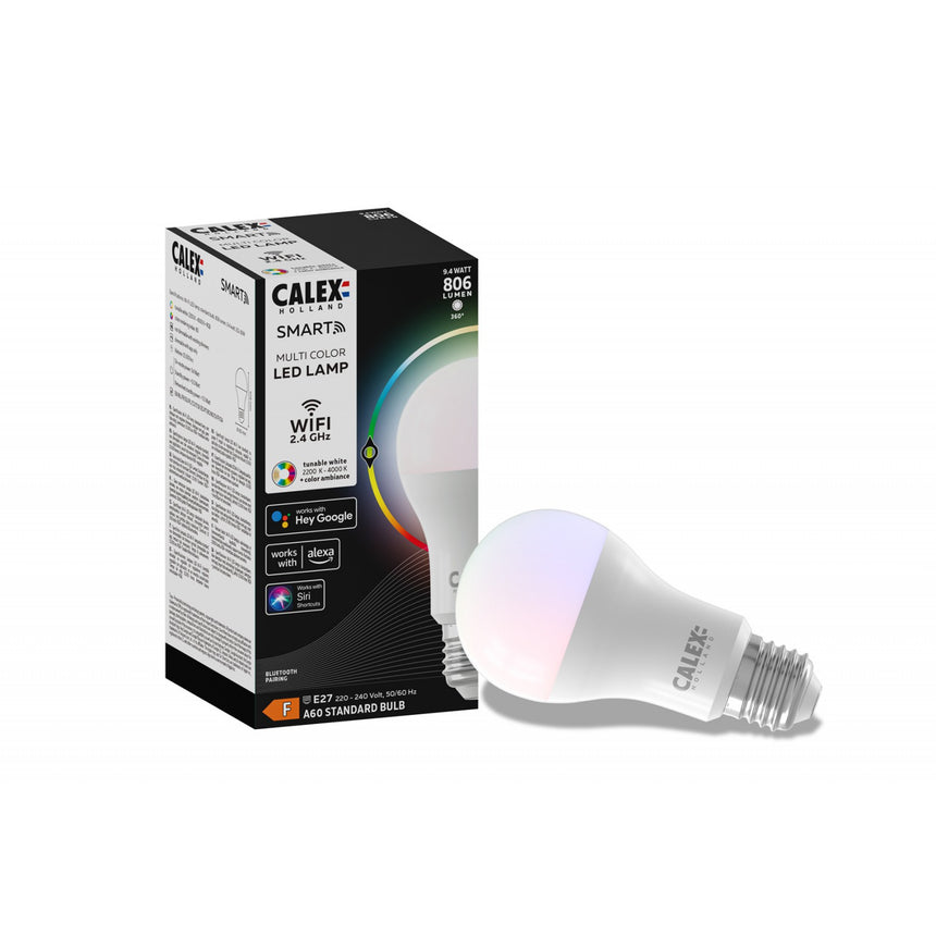 Bec LED RGB inteligent Calex Smart, Wi-Fi, Bluetooth, A60, E27, 9.4W, 806 lm, dimabil, lumina alba si colorata, Compatibil Google Assistant, Alexa, Siri, Clasa energetica F