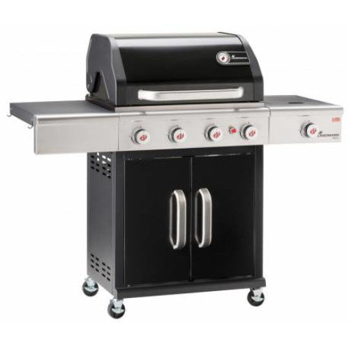 Gratar pe gaz, gratar fonta modular, 65 x 44 cm, 4 arzatoare si unul lateral, 3,5 kw, termometru in capac, tava colectare grasime, negru