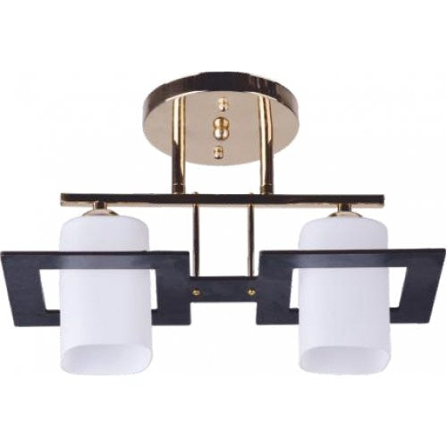 Lustra Cube,metal auriu cu negru, abajur sticla alba,2X60W,dulie E27