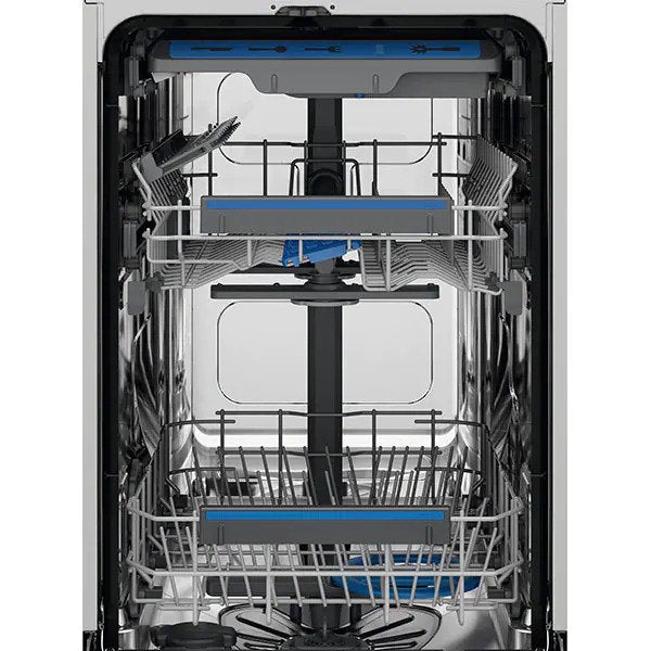 Masina de spalat vase incorporabila Slim Electrolux EEM43211L, 10 seturi, 8 programe, Clasa E, AirDry, QuickSelect, Usa slide, Motor inverter, SatelliteClean, Afisaj digital, Indicator luminos pe podea, 45 cm