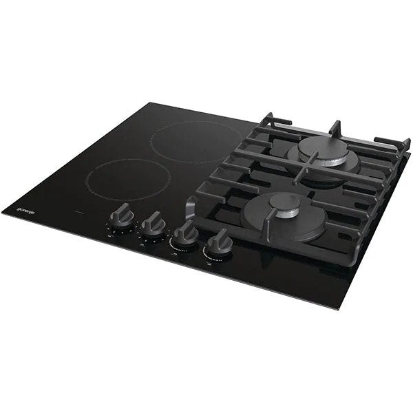 Plita incorporabila Gorenje GCE691BSC, Mixta, 2 zone de gatit, 2 arzatoare gaz, Control butoane, Gratar fonta, Indicator caldura reziduala, 60 cm, Negru