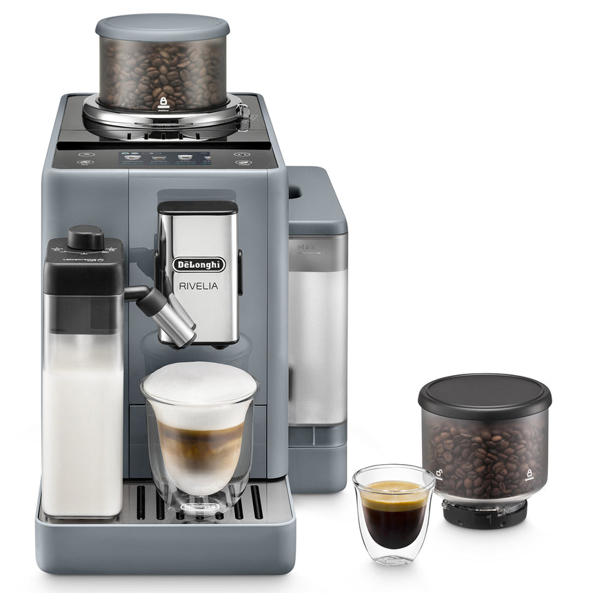 Espressor automat De'Longhi Rivelia EXAM440.55.G, 0132215472, 1450W, 18 tipuri de bauturi, 19 bari, 2 recipiente pentru boabe, Tehnologie Bean Adapt, Carafa de lapte cu tehnologie LatteCrema Hot, Gri