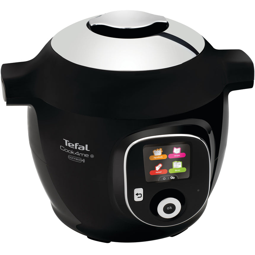 Multicooker inteligent cu gatire sub presiune Tefal Cook4Me+ Connect CY855830, 1600W, 6 moduri de gatire, Instructiuni pas cu pas, 150 de retete, Compatibil cu aplicatia dedicata, Capacitate 6L, Vas cu invelis ceramic, Negru