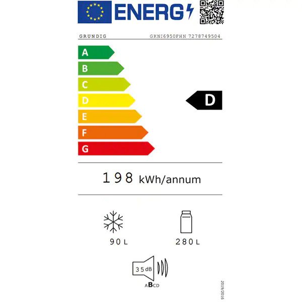 Combina Frigorifica Incorporabila GRUNDIG GKNI6950FHN, No Frost, 370 l, H 194 cm, Clasa D, HomeWhiz, Alb