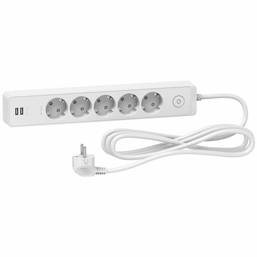Prelungitor Schneider Unica ST945U3W, cu intrerupator, 2xUSB 5V 2.4A,5 prize, protectie copii, 3m, Alb