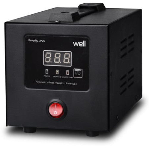 Stabilizator automat de tensiune cu releu, Well PowerUp, 1000VA/600W, Monofazic, Tip conector: 1xSchuko, Protectie: supraincalzire, scurtcircuit