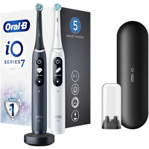 Set 2 x Periuta de dinti electrica Oral-B iO7 cu Tehnologie Magnetica si Micro-Vibratii, Inteligenta artificiala, Display led interactiv, Senzor de presiune Smart, Timer vizibil, 5 moduri, 1 incarcator magnetic, 1 Trusa de calatorie, Negru/Alb