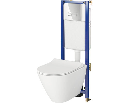 Set vas WC suspendat Cersanit, rezervor incastrat, capac WC si clapeta actionare crom, Alb