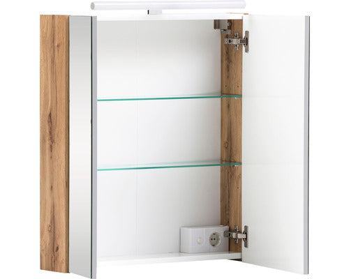 Dulap Baie cu Oglinda Karla, 2 Usi, Iluminare LED, PAL, 60x75 cm, Stejar Deschis