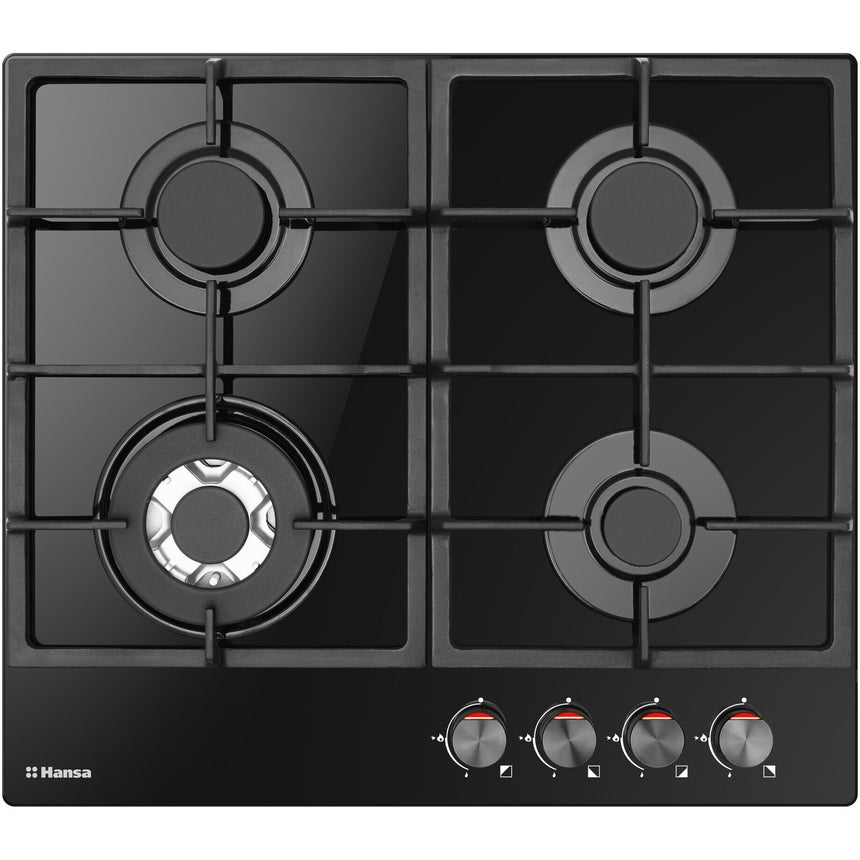 Plita incorporabila Hansa BHKS611502, Gaz, 4 arzatoare, Arzator wok, Aprindere electrica, Gratar fonta, 60 cm, Sticla neagra