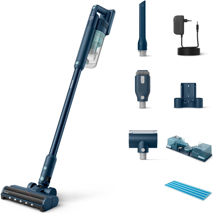Aspirator vertical Philips XC5141/01 Aqua Seria 5000, 25.2V, durata de functionare pana la 60 min, sistem de filtrare in 3 etape, lumini LED, afisaj digital, baterie detasabila, Albastru