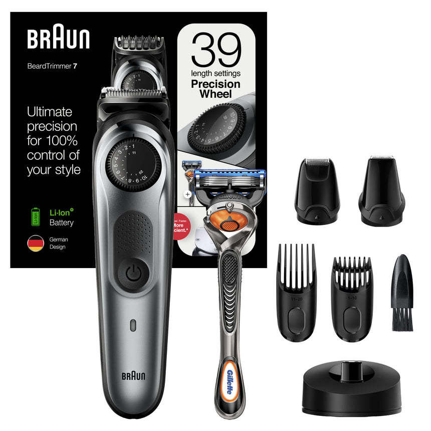 Aparat de tuns barba Braun Beard Trimmer BT7240 Wet&Dry, AutoSense, buton rotativ de precizie, lame de metal, 2 piepteni, 2 accesorii extra, Aparat de ras Gillette, Saculet de voiaj, Negru/Gri