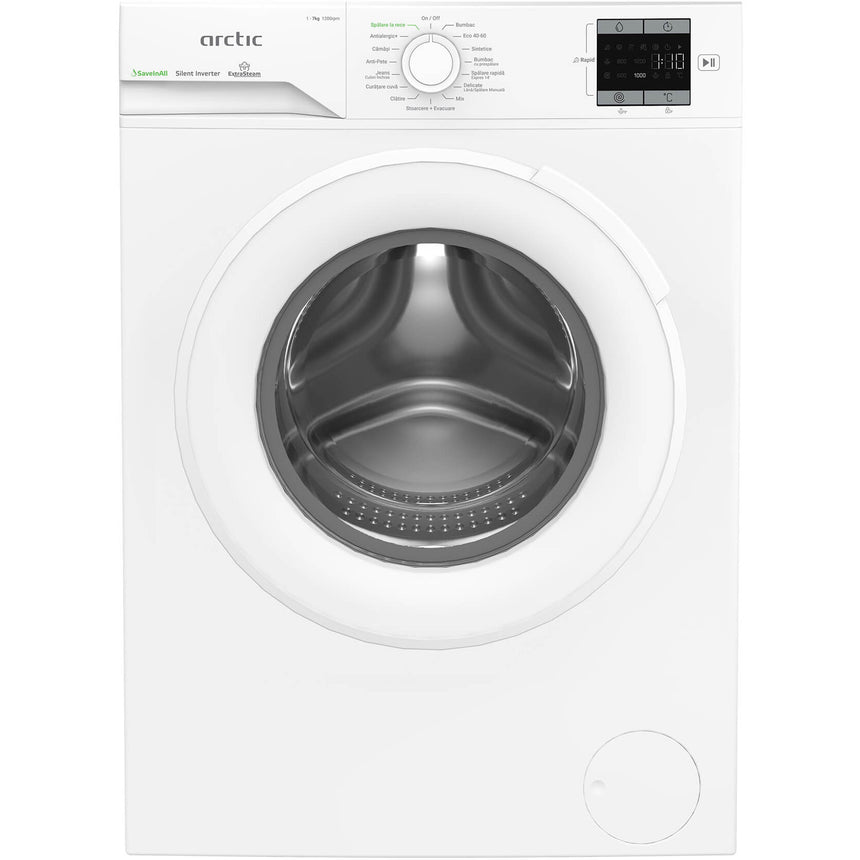 Masina de spalat rufe Arctic APLM1WFSU17210W, 7 Kg, 1200 RPM, Clasa energetica A, Motor Silent Inverter, ExtraSteam, IronExpress, Recycled Tub, Fast/Intensive, Steam, WaterMode (Water Saving - Extra Rinse), Prewash, Child Lock, Add-In, Alb