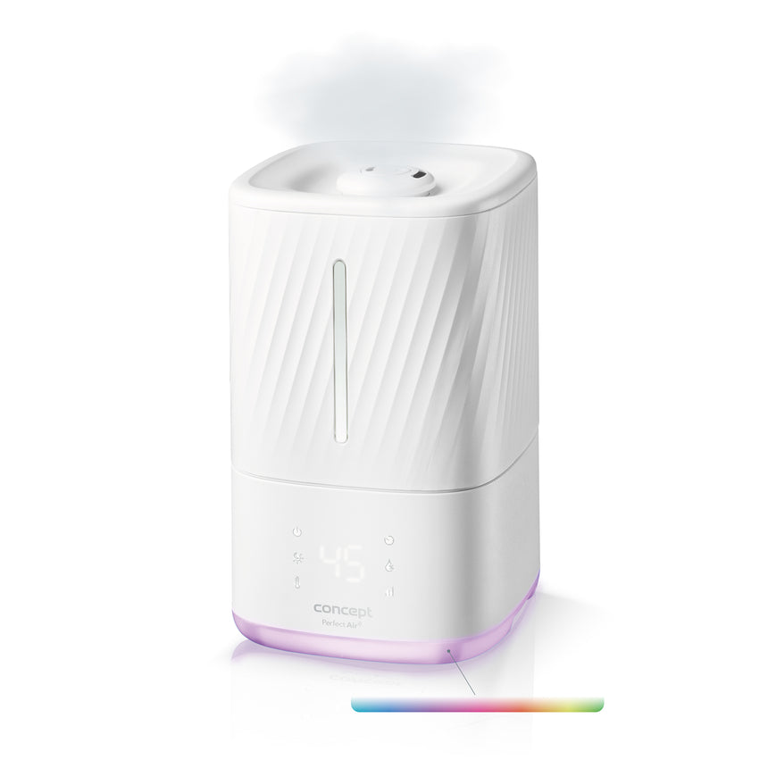 Umidificator de aer Concept ZV2010, 90 W, capacitate rezervor apa 4.5 litri, capacitate umidificare 400 ml/h (abur cald) - 300 ml/h (abur rece)ml/h, control al umiditatii 40-75%, 3 nivele de reglare a intensitatii aerului, timer, display digital, alb