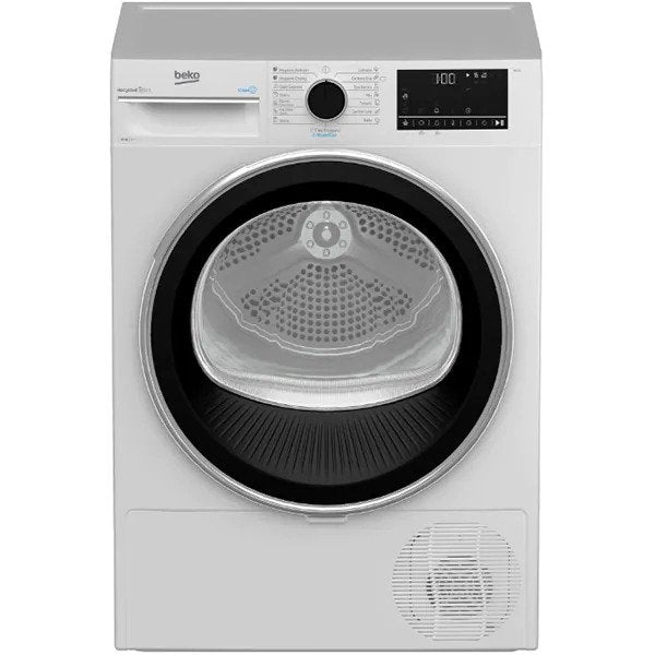 Uscator de rufe Beko B3T60230, 10 kg, Clasa E, RecycledDry, IronFinish, Hygienic Reresh, Pompa de caldura EcoGentle, SteamCure, Hygienic Drying, Alb