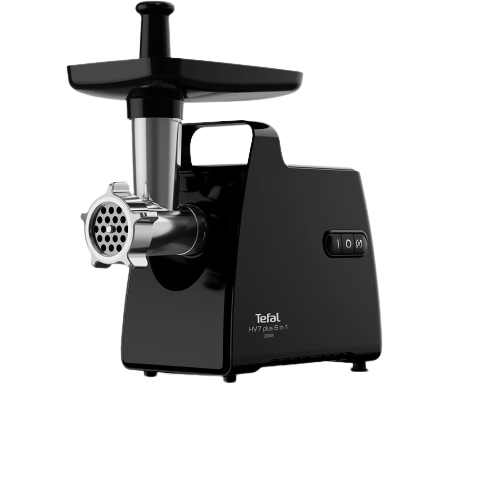 Masina de tocat carne Tefal HV7 Plus 6 in 1 NE553838, 2000 W, 2.8 kg/min, accesorii pentru kebbe, carnati, suc de rosii, 3 grile din inox, functie reverse, negru