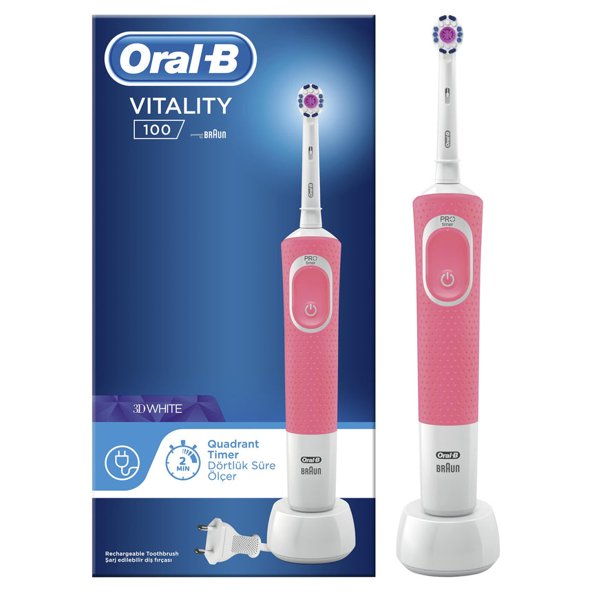 Periuta de dinti electrica Oral-B Vitality D100 3D White. 7600 Oscilatii/min. Curatare 2D. 1 program. 1 capat. Roz