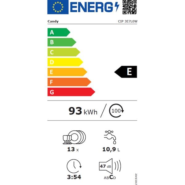 Masina de spalat vase incorporabila CANDY CIP 3E7L0W, 13 seturi, 5 programe, Clasa E, Conectivitate WiFi, Display touch control , Speed-Drive Inverter Motor, MaxiTUB, Start Delay, 60 cm