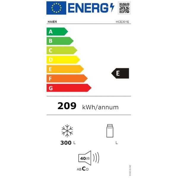Lada frigorifica Haier HCE301E, 300 l, Clasa E, Control electronic, Lumina LED, Alb