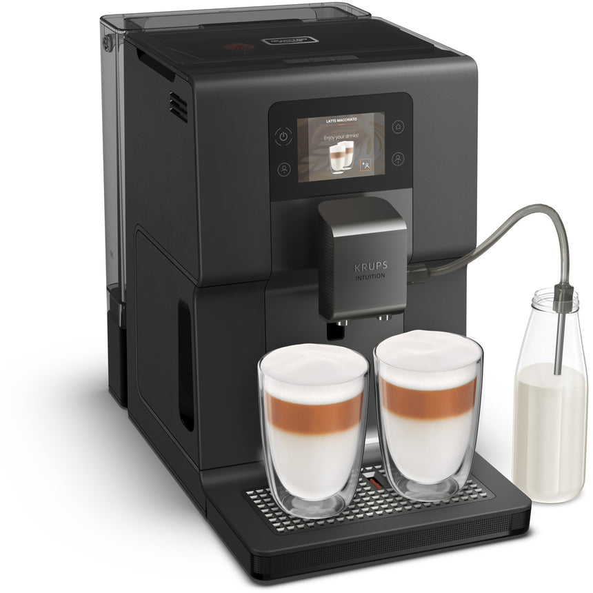 Espressor automat KRUPS Intuition Preference+ EA875U10, indicatori luminosi, tehnologie Smart Slide, ecran tactil color, 15 bauturi, 2 profiluri, One-Touch-Cappuccino, recipient lapte 600 ml, negru