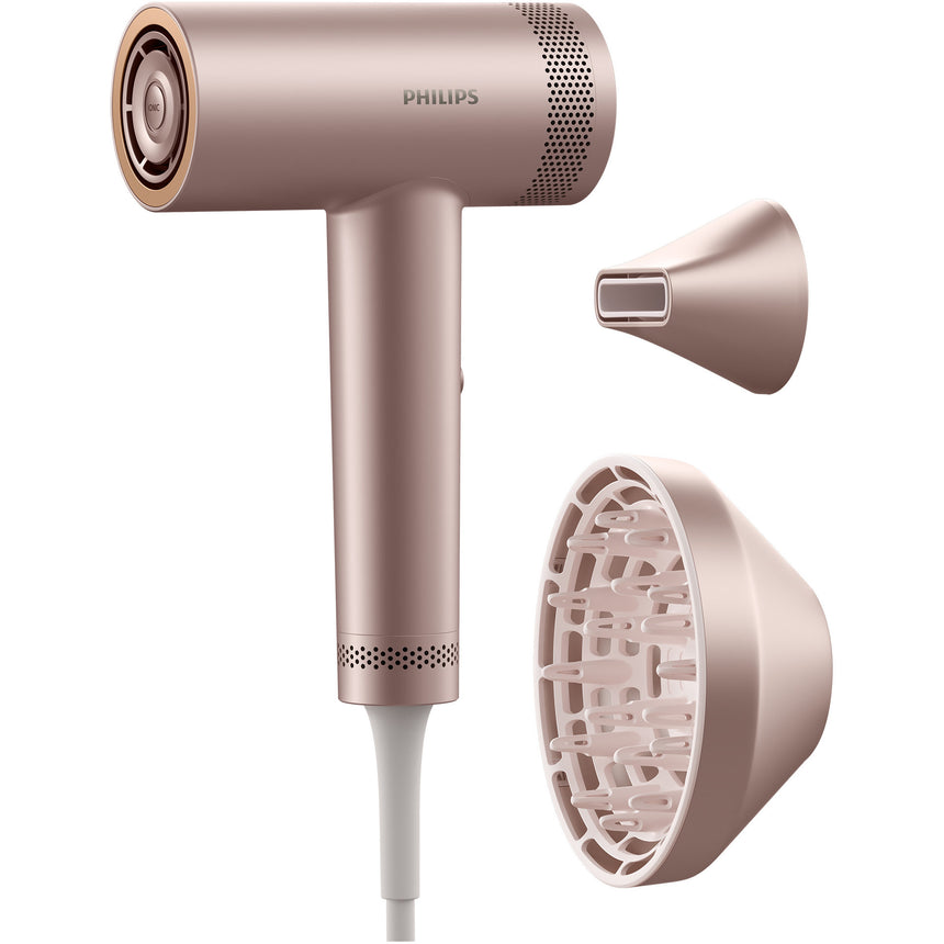 Uscator de par Philips Seria 8000 BHD837/10, tehnologie ThermoShield Advanced, ingrijire cu ioni, 3 setari de viteza, 7 setari de temperatura, difuzor magnetic + cap de coafare magnetic, Roz pudrat