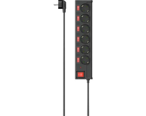 Prelungitor Hama 00223158, cu intrerupatoare individuale iluminate, 6 prize, protectie la supratensiune, impamantare, H05VV-F3G1.5, 1.4 m, Negru