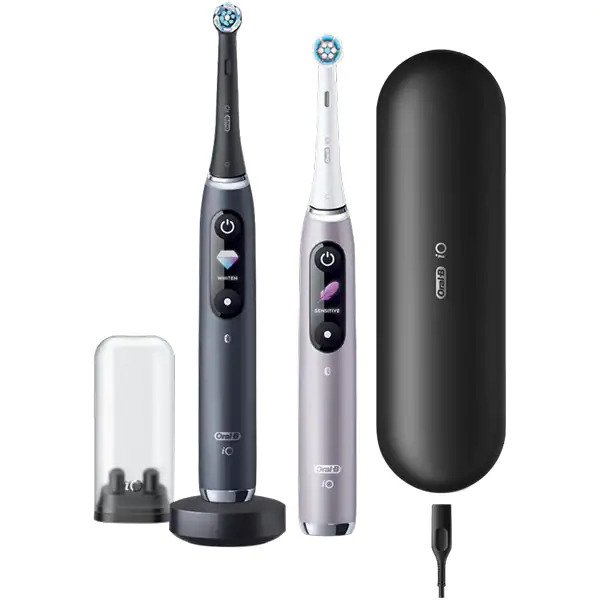 Set 2 x Periuta de dinti electrica Oral-B iO9 cu Tehnologie Magnetica si Micro-Vibratii, Inteligenta artificiala, Display led, Senzor de presiune Smart, Timer vizibil, 7 moduri, 1 incarcator magnetic, 1 Trusa de calatorie cu incarcator, Negru/Roz