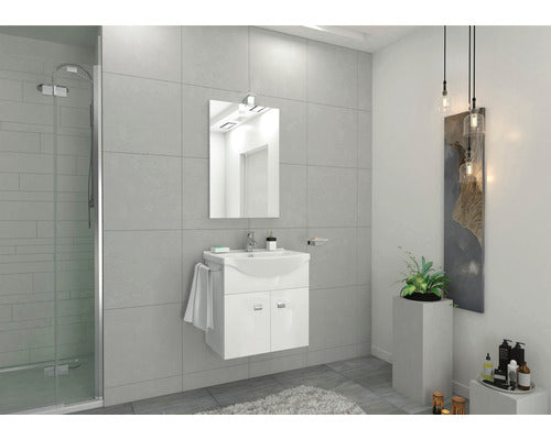 Set Mobilier Baie, Emma, Include Baza Lavoar, Lavoar Ceramic si Oglinda cu Iluminare, Alb
