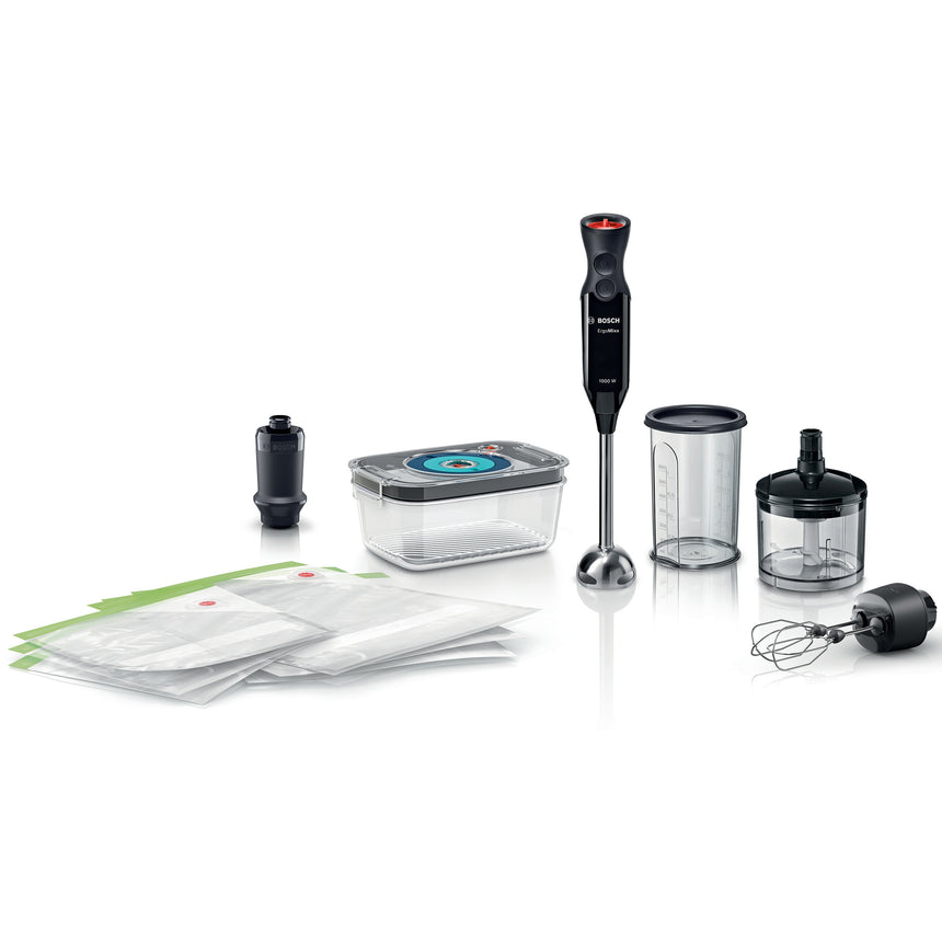 Mixer vertical Bosch ErgoMixx MS6CB61V7, 1000 W, accesoriu cu 2 teluri, chopper, 12 trepte de putere si functie Turbo, accesorii pentru vidare incluse, Negru