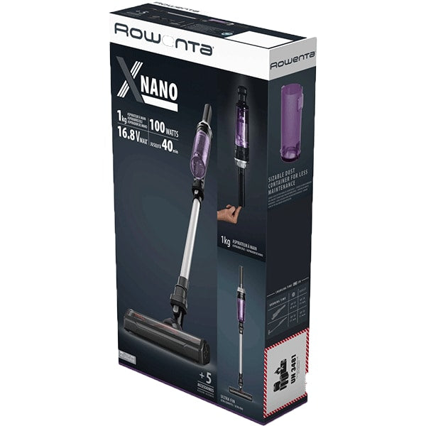 Aspirator vertical Rowenta X-Nano RH1129WO, 100 W, 0.4l, Autonomie 40 min, Li-Ion, 14.8V, Tehnologie ciclonica, Perie pentru tapiterie, Negru/Mov