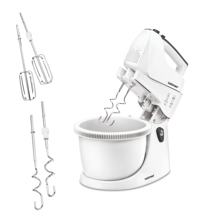 Mixer cu bol Zelmer ZHM2559, 750 W, 5 viteze, Turbo, Bol rotativ 3L, SoftTouch, Alb
