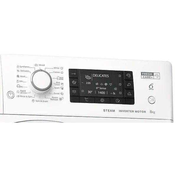 Masina de spalat rufe Slim Whirlpool FWSD81283WVEEN, 8 kg, 1200 rpm, Clasa D, FreshCare+, Steam Refresh, Steam Hygiene, Tehnologia al-6lea Simt, Motor Inverter, Display LCD, Alb