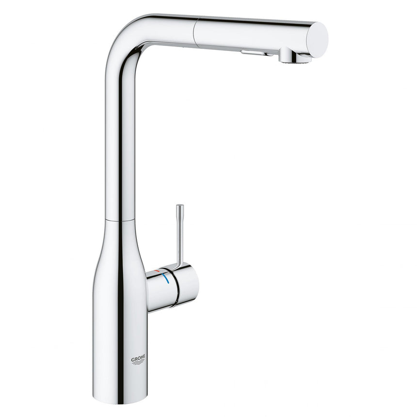 Baterie bucatarie cu dus extractabil Grohe Essence New, cartus ceramic, monocomanda, dual-spray, pivotare 360, protectie reflux, anti-calcar, crom