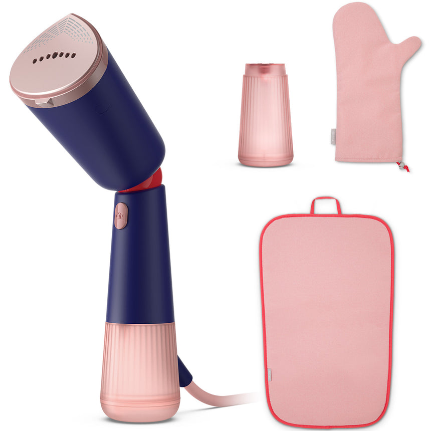 Aparat de calcat vertical portabil Philips STH5030/20 Seria 5000, 1300W, debit de abur 24 g/min, rezervor de apa 120 ml + rezervor suplimentar 200 ml, cap reglabil pentru calcare verticala/orizontala, saculet depozitare/ manusa, StyleMat, albastru