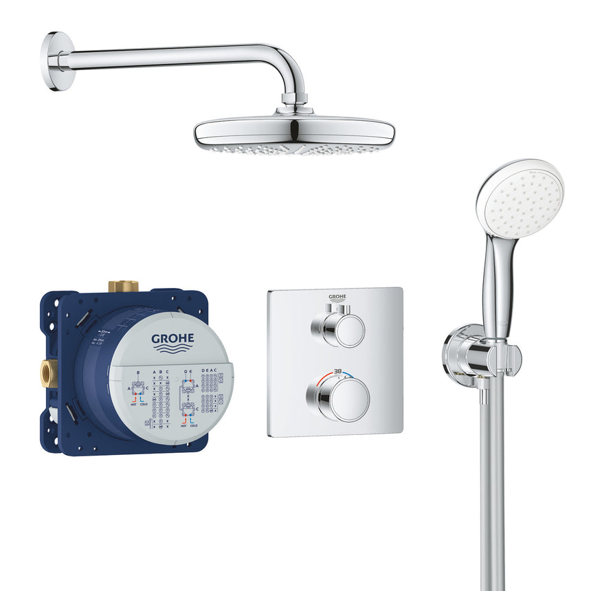 Sistem de dus Grohe Grohtherm 210 34729000, 1/2'', incastrat, termostat, palarie 210 mm, crom