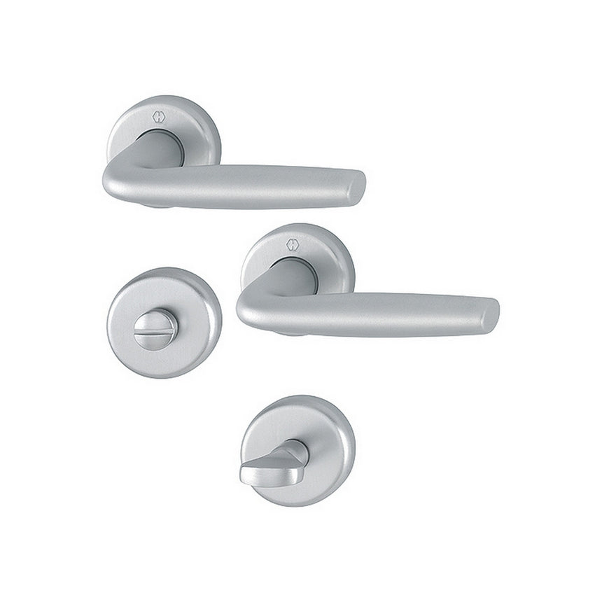 Maner usa interior, Hoppe Milos, cu rozeta patrata pentru baie, material aluminiu, culoare argintiu, 124 x 52mm