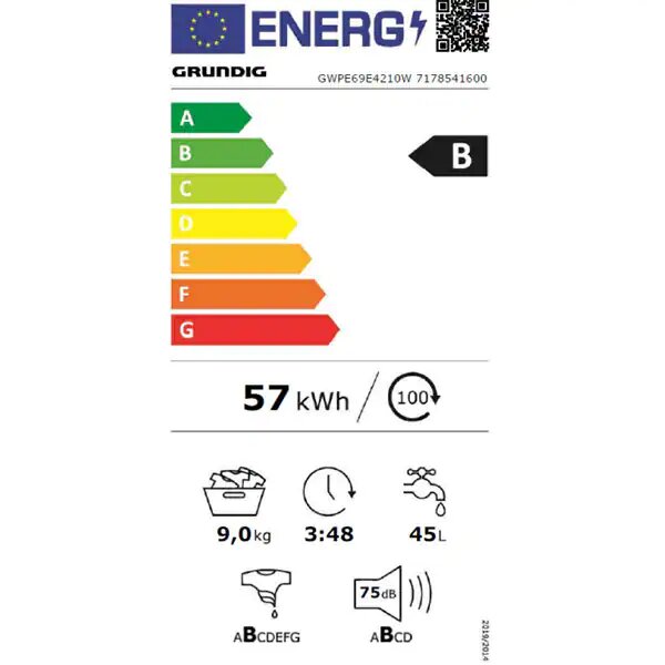Masina de Spalat Rufe Frontala GRUNDIG GWPE69E4210W, HomeWhiz, 9kg, 1400rpm, Clasa B, Alb